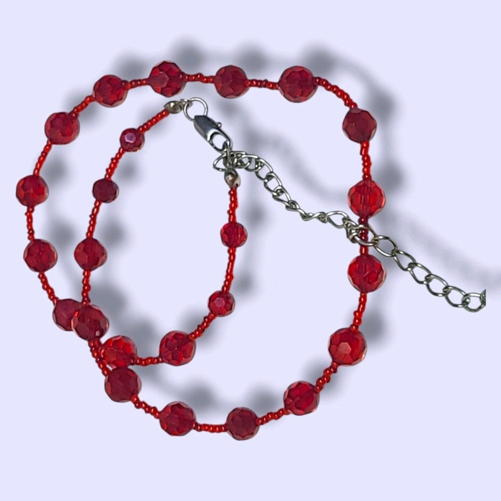 Vintage Facited Red‎ Glass Bead Necklace 16"-20"